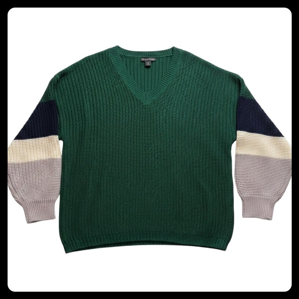 Evelyn Taylor V-Neck Sweater Women 1X Green Colorblock Knit Pullover